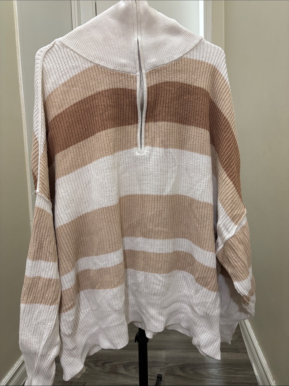 aerie Striped Half-Zip Cowl Sweater in Cream and Tan